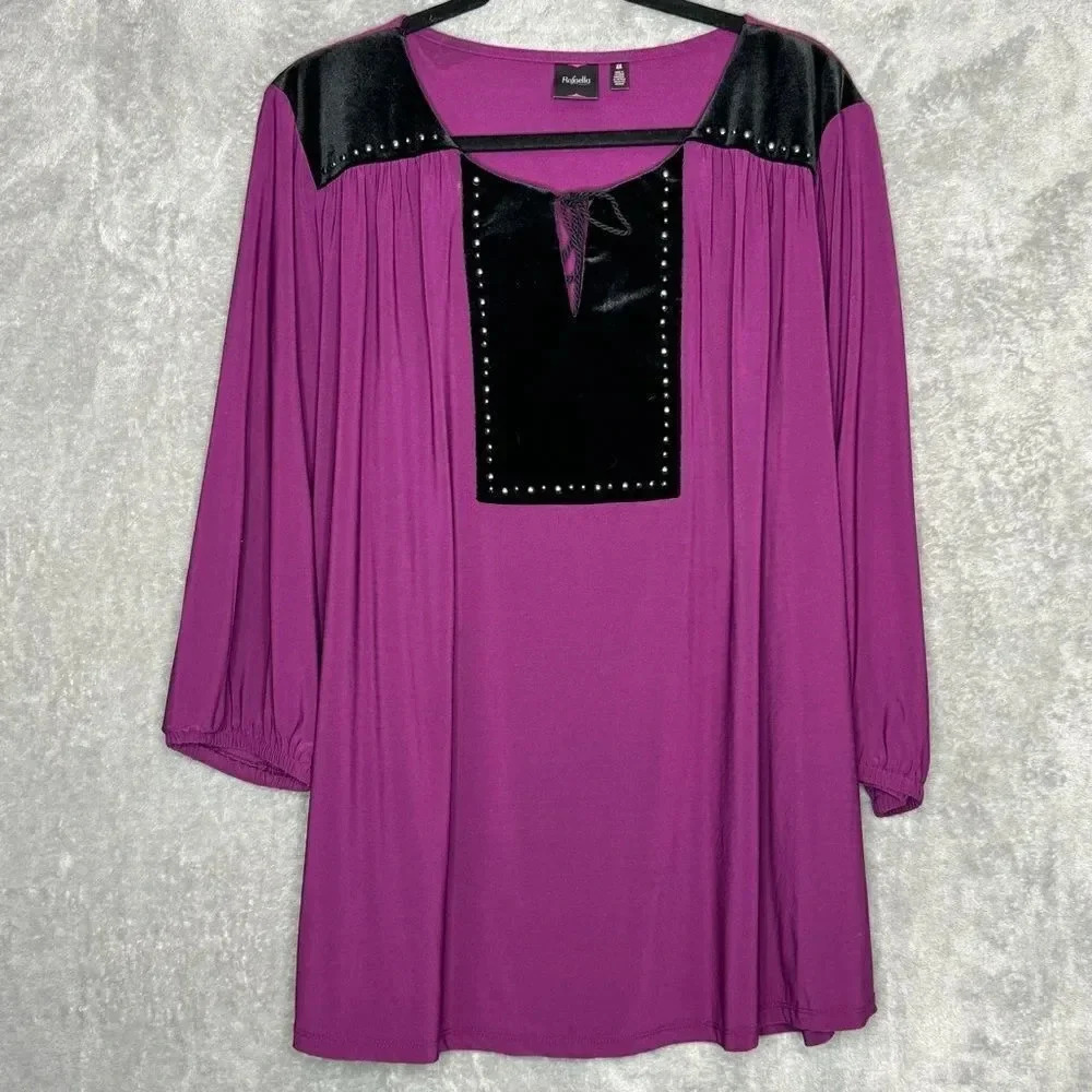 Rafaella 2X Shirt Top Purple Solid 3/4 Sleeve Scoop Neck Keyhole Stretch Casual